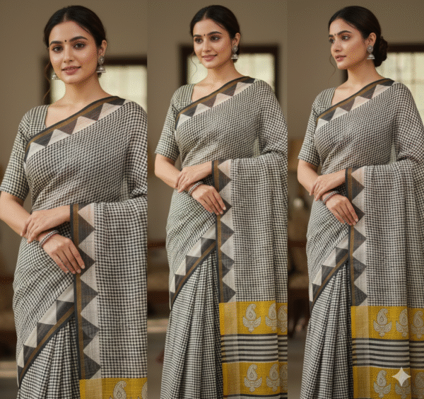 1759590502895 Grey Yellow Biege Pattern Doriya Saree with Hand Block Bagru Print