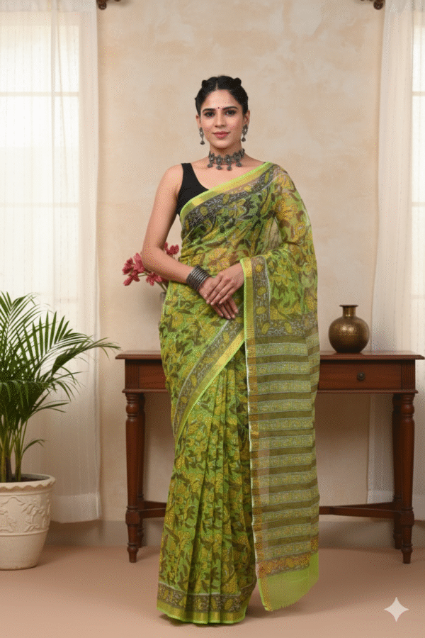 Light Green Pattern Doriya Saree with Hand Block Bagru Print