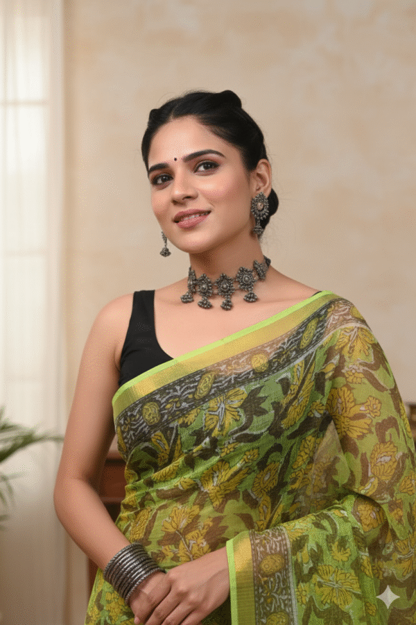 Light Green Pattern Doriya Saree with Hand Block Bagru Print