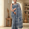 Light Blue Pattern Doriya Saree with Hand Block Bagru Print