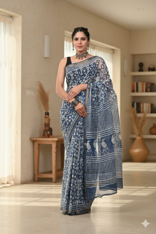 Light Blue Pattern Doriya Saree with Hand Block Bagru Print