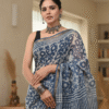 Light Blue Pattern Doriya Saree with Hand Block Bagru Print