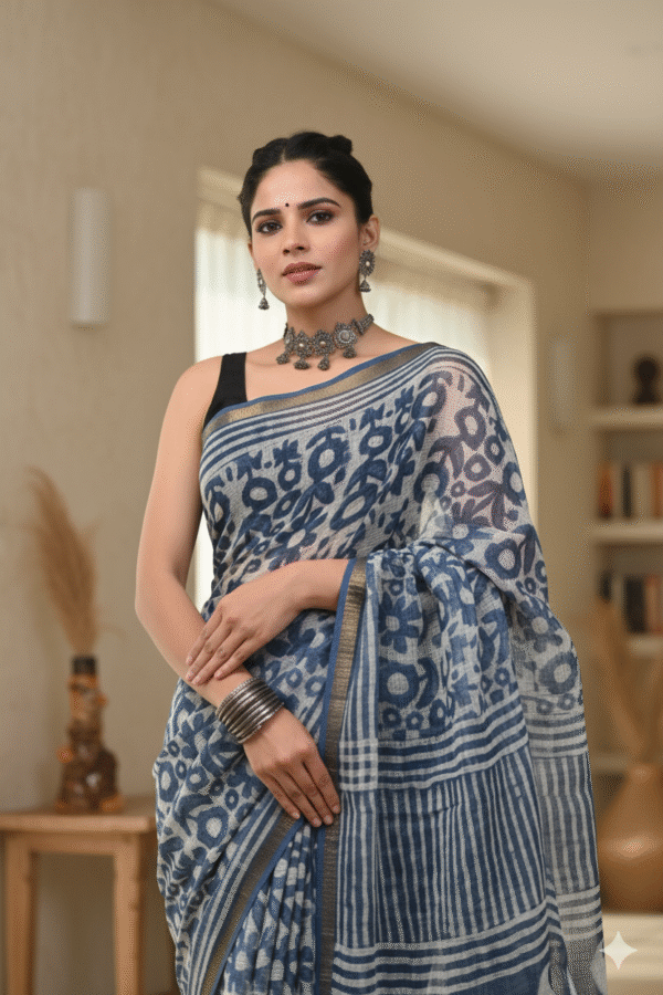 Light Blue Pattern Doriya Saree with Hand Block Bagru Print
