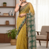 Yellow Green Pattern Doriya Saree with Hand Block Bagru Print