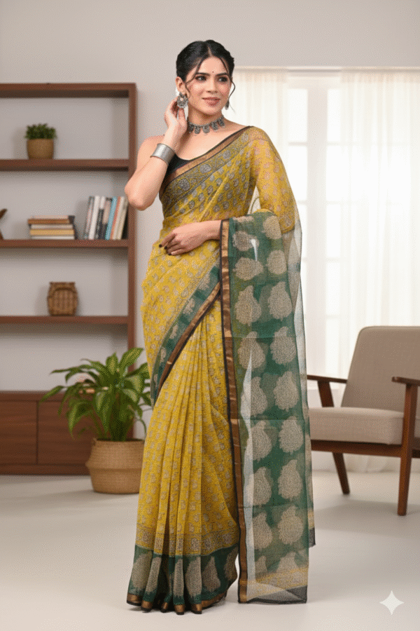 Yellow Green Pattern Doriya Saree with Hand Block Bagru Print