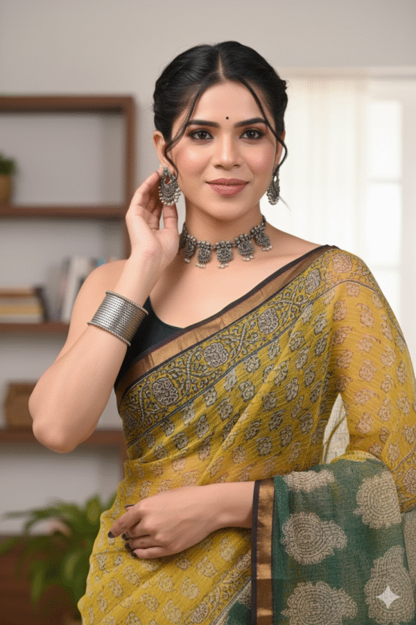 Yellow Green Pattern Doriya Saree with Hand Block Bagru Print