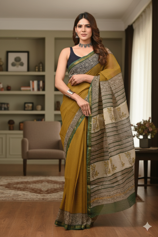 Dark Yellow Pattern Doriya Saree with Hand Block Bagru Print