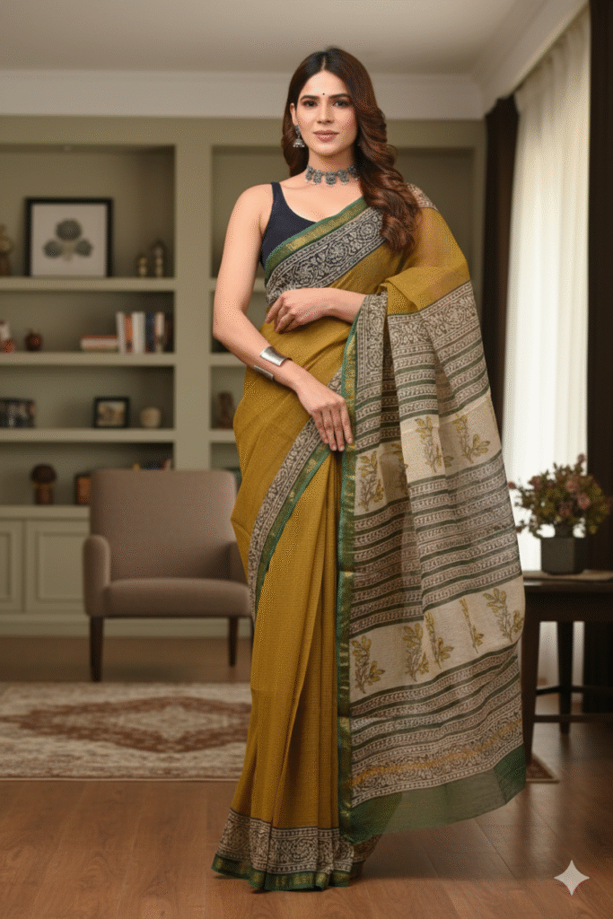 Dark Yellow Pattern Doriya Saree with Hand Block Bagru Print