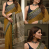Dark Yellow Pattern Doriya Saree with Hand Block Bagru Print