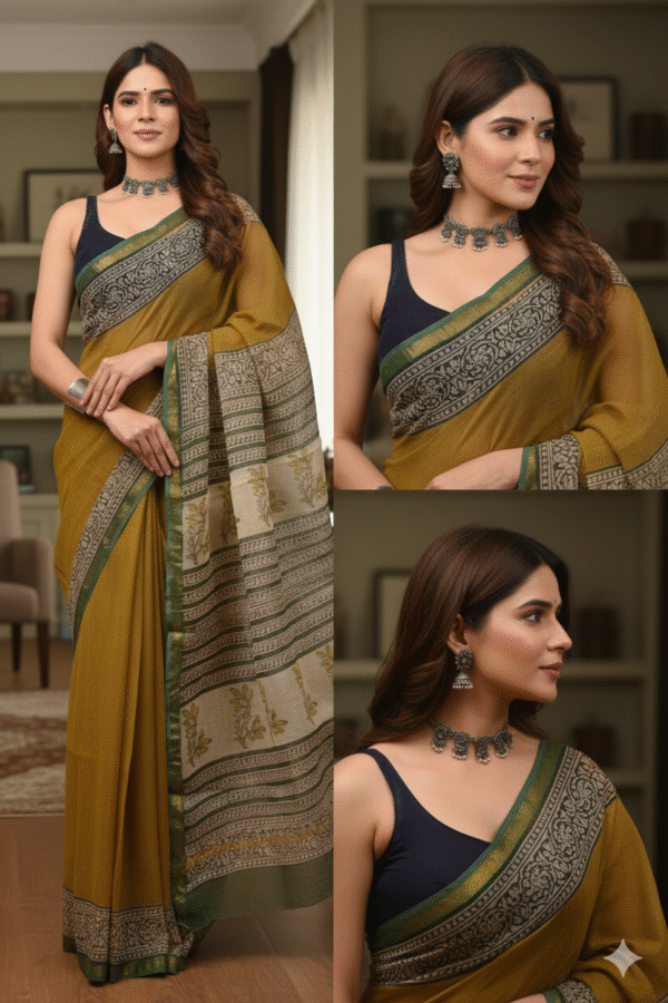 Dark Yellow Pattern Doriya Saree with Hand Block Bagru Print