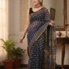 Blue Pattern Doriya Saree with Hand Block Bagru Print