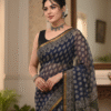 Blue Pattern Doriya Saree with Hand Block Bagru Print