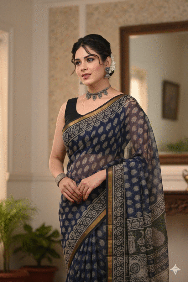 Blue Pattern Doriya Saree with Hand Block Bagru Print