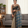 Black Light Blue Pattern Doriya Saree with Hand Block Bagru Print