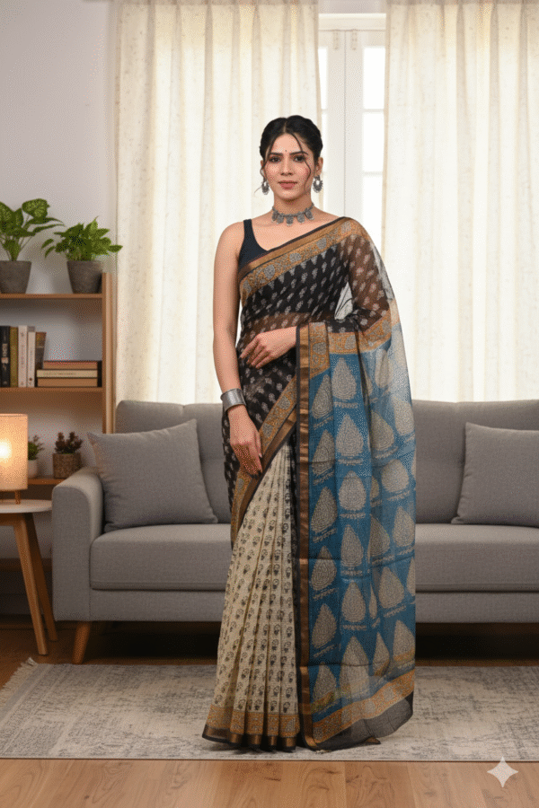Black Light Blue Pattern Doriya Saree with Hand Block Bagru Print