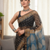 Black Light Blue Pattern Doriya Saree with Hand Block Bagru Print