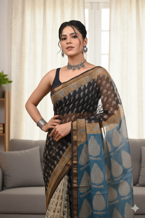 Black Light Blue Pattern Doriya Saree with Hand Block Bagru Print