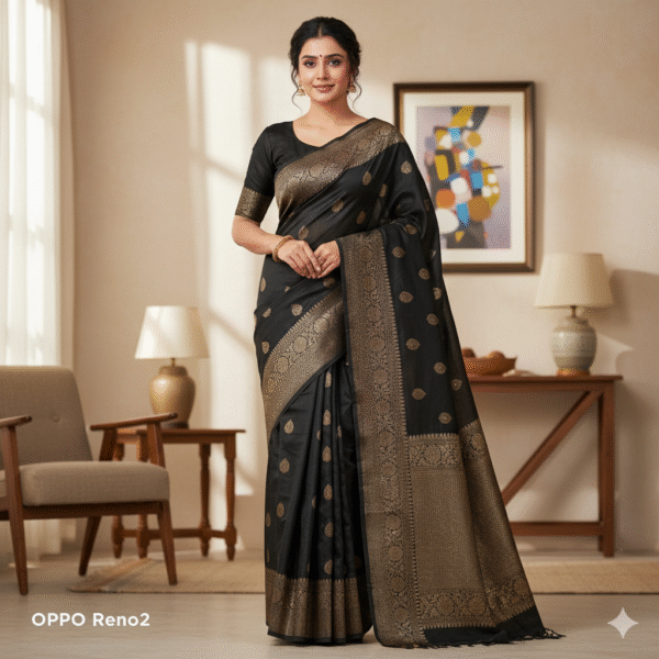 1759592589038 Raw Black Silk Saree with Kadwa Zari Border
