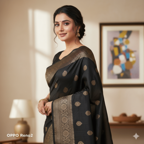 1759592639158 Raw Black Silk Saree with Kadwa Zari Border