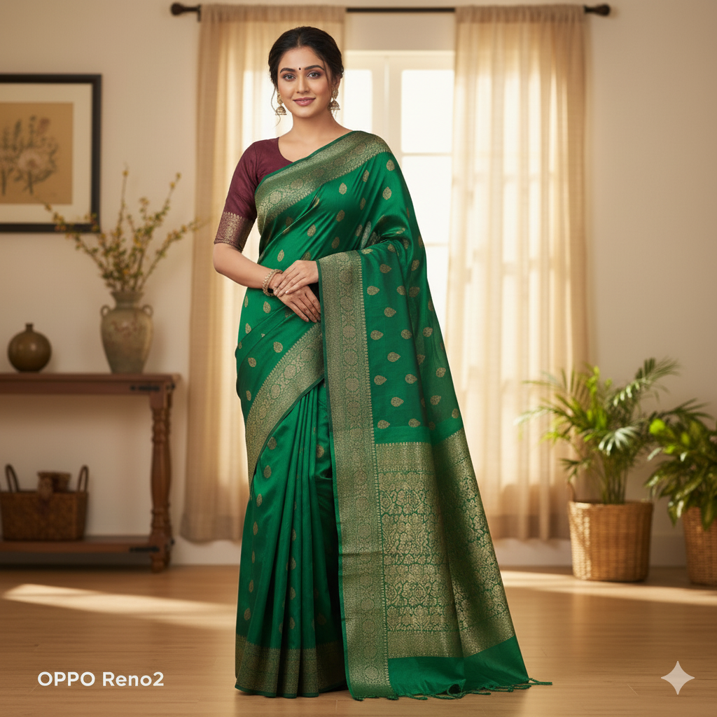 Raw Dark Green Silk Saree with Kadwa Zari Border