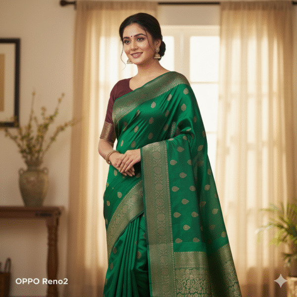 Raw Dark Green Silk Saree with Kadwa Zari Border