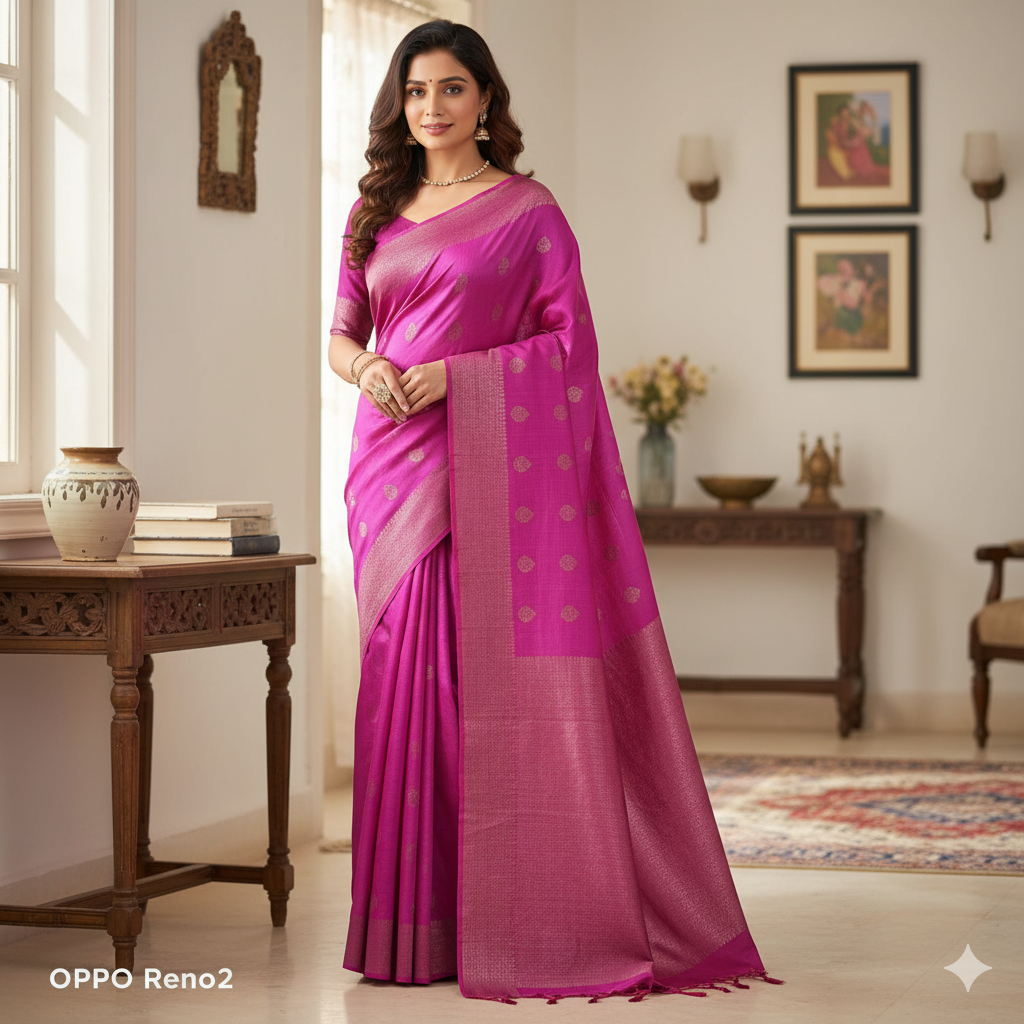Raw Dark Pink Silk Saree with Kadwa Zari Border