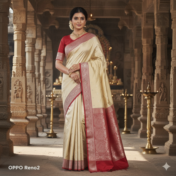 Pure Biege Banarasi Katan Silk Handwoven Saree with Zari