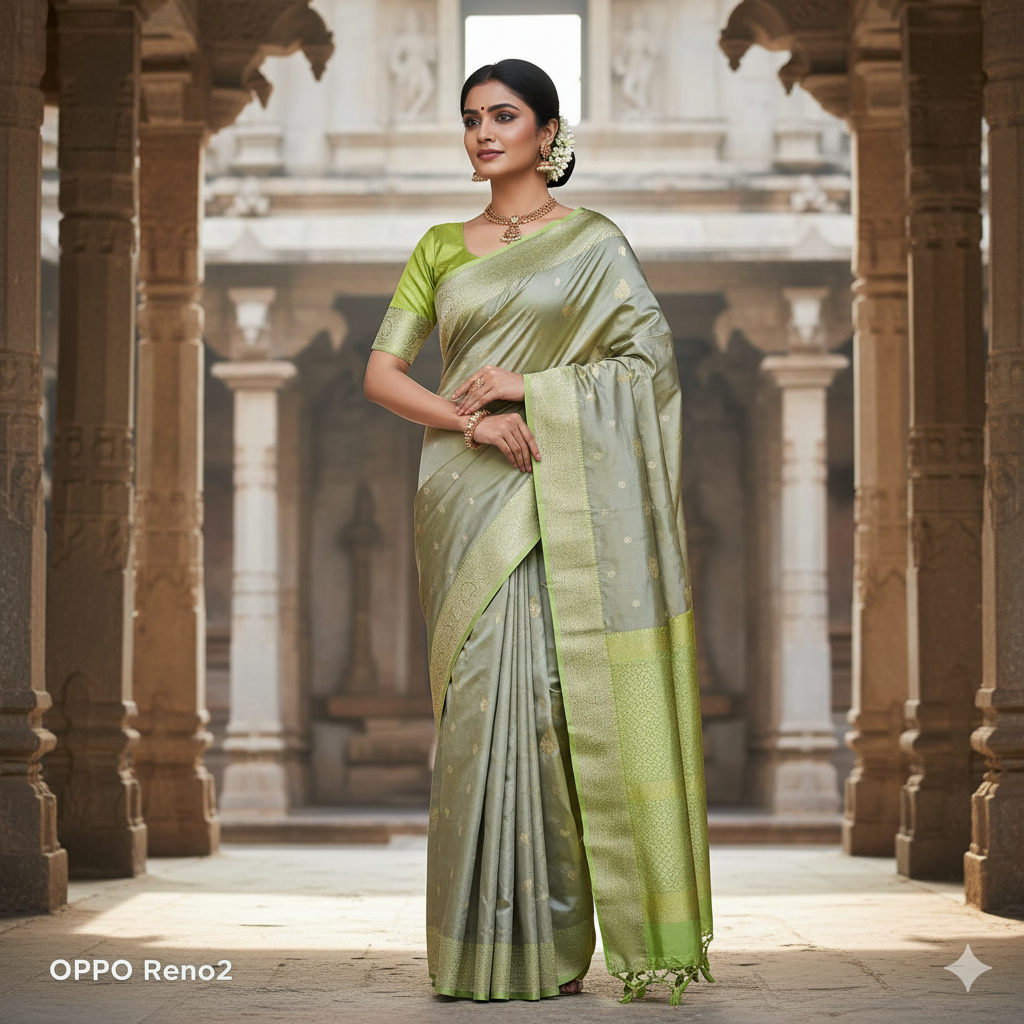 Pure Biege-Green Banarasi Katan Silk Handwoven Saree with Zari