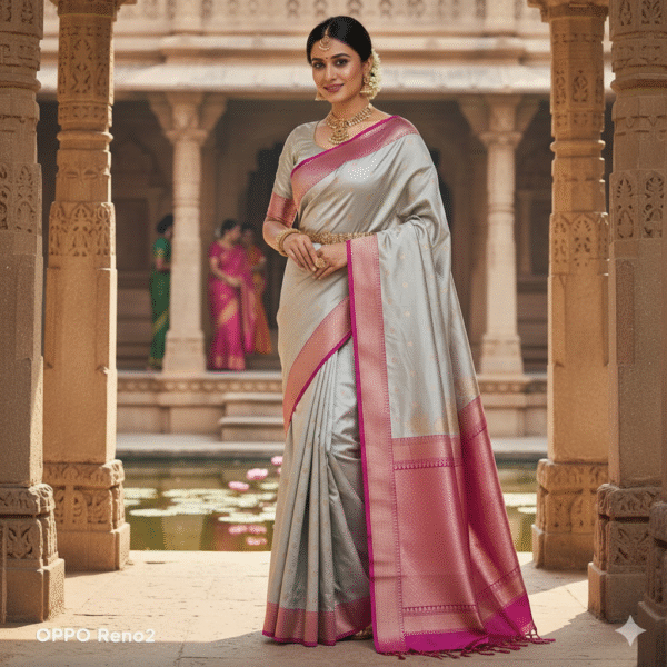 Pure Biege-Grey Banarasi Katan Silk Handwoven Saree with Zari