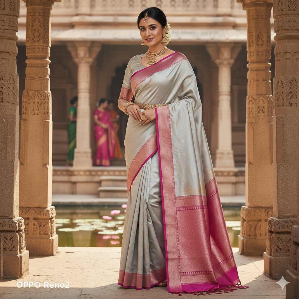 Pure Biege-Grey Banarasi Katan Silk Handwoven Saree with Zari