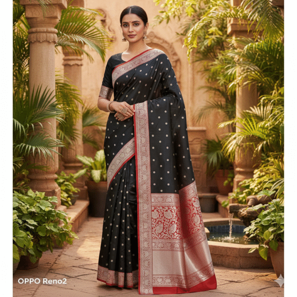 1759607310580 Pure Black-Red Banarasi Katan Silk Handwoven Saree with Zari