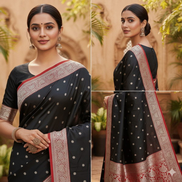1759607349569 Pure Black-Red Banarasi Katan Silk Handwoven Saree with Zari