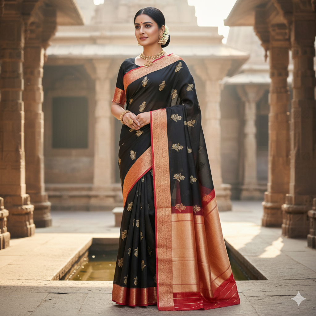 Pure Black Banarasi Kora Organza Silk Saree with Zari