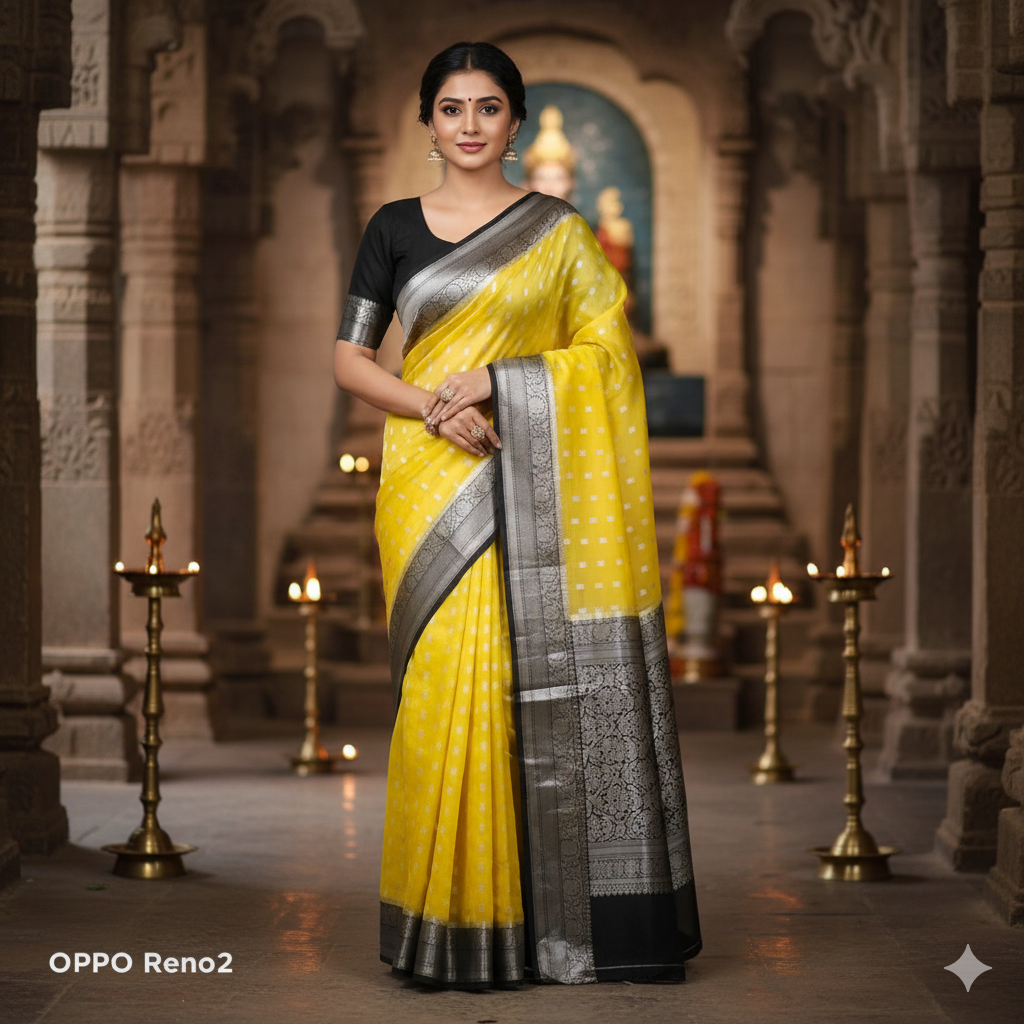 Pure Yellow - Black Banarasi Kora Organza Silk Saree with Zari
