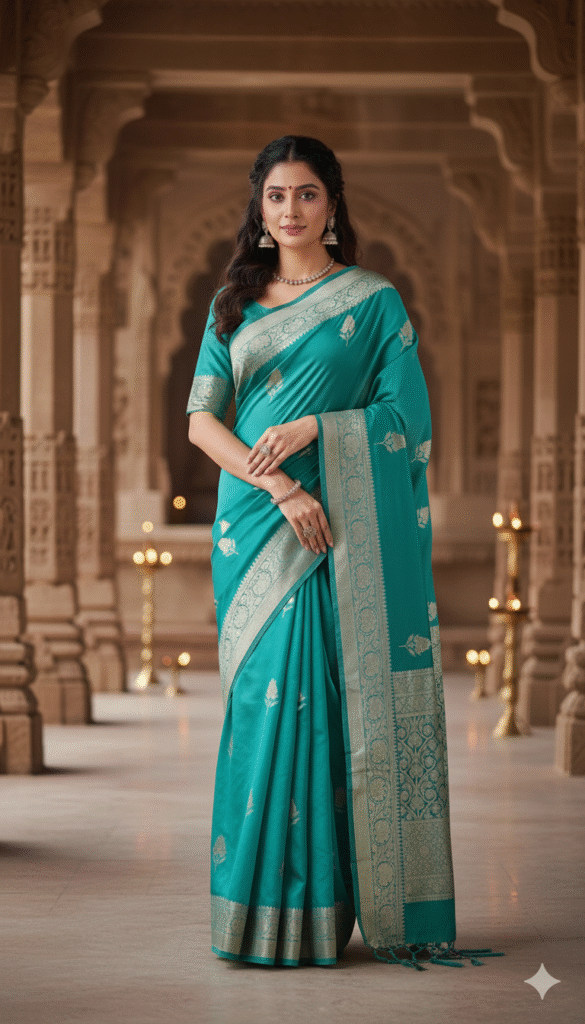 Pure OceanGreen Banarasi Kora Organza Silk Saree with Zari