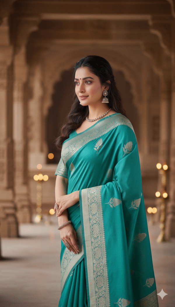 Pure OceanGreen Banarasi Kora Organza Silk Saree with Zari
