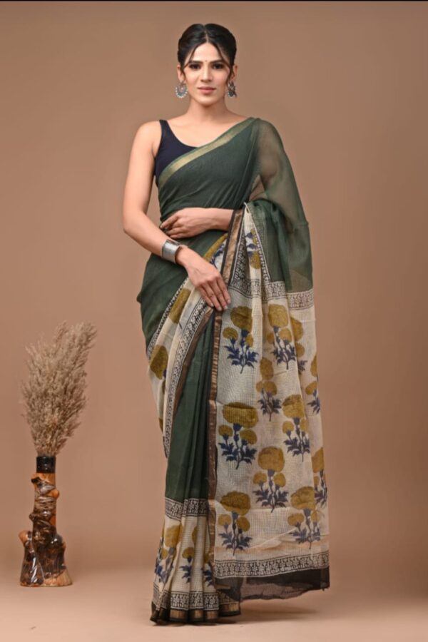 Dark Green Kota Doriya Saree with Hand Block Bagru Print