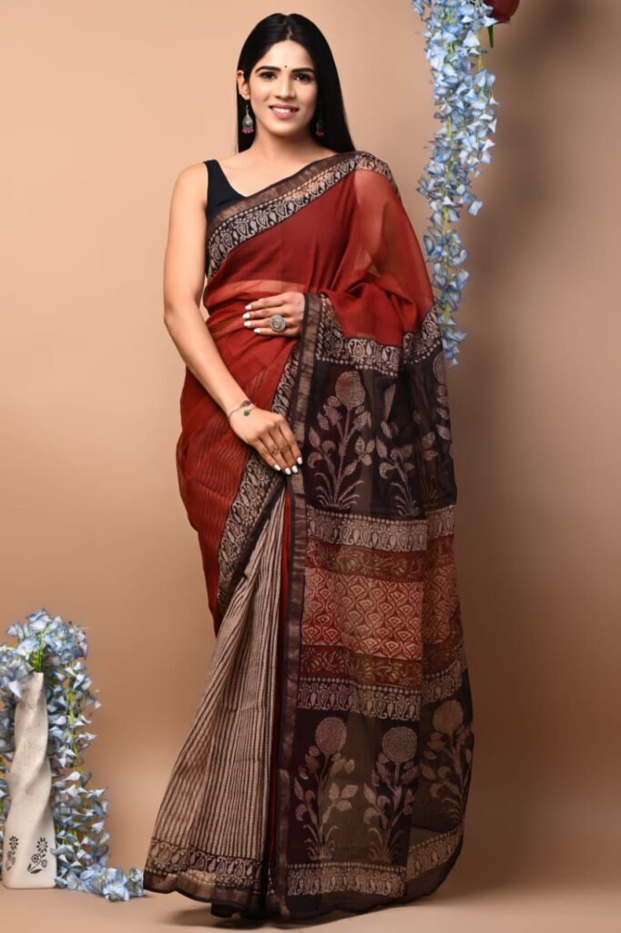 Dark Red Kota Doriya Saree with Hand Block Bagru Print