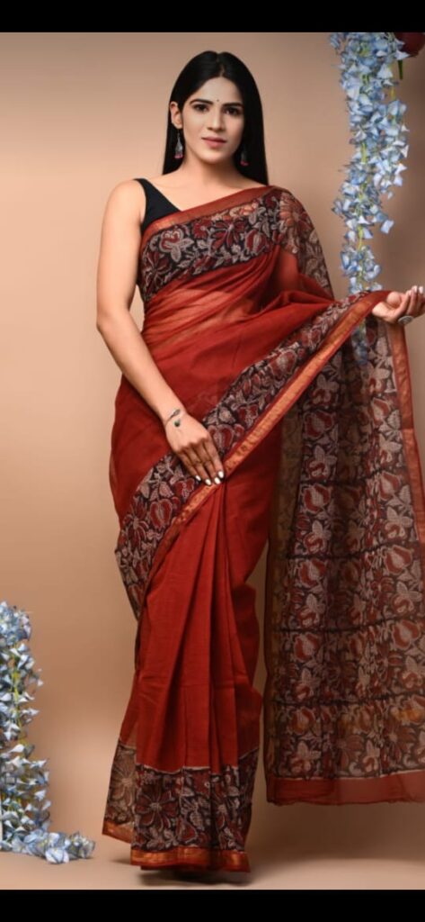 Red Kota Doriya Saree with Hand Block Bagru Print