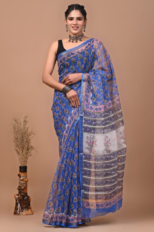 Light Blue Kota Doriya Saree with Hand Block Bagru Print