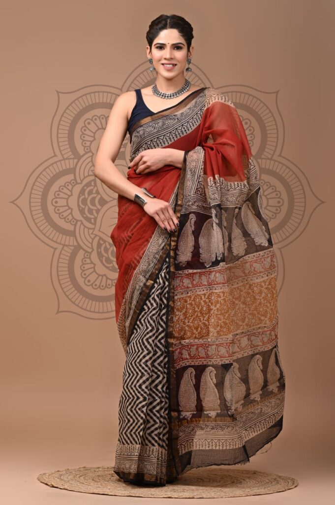 Red Biege Kota Doriya Saree with Hand Block Bagru Print