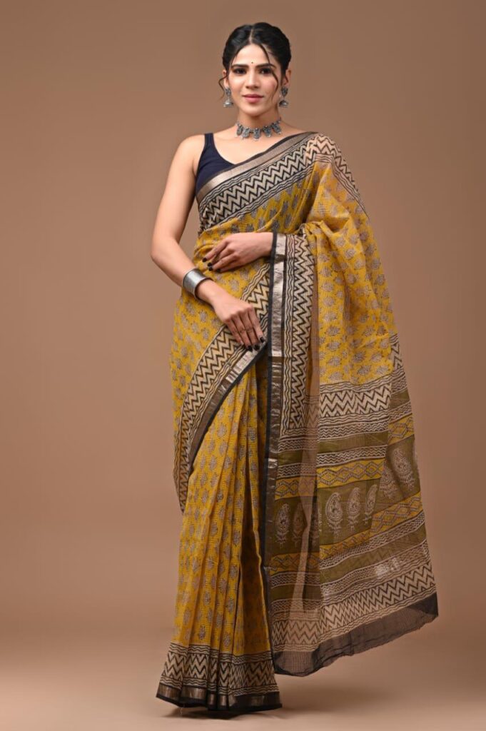 Yellow Kota Doriya Saree with Hand Block Bagru Print