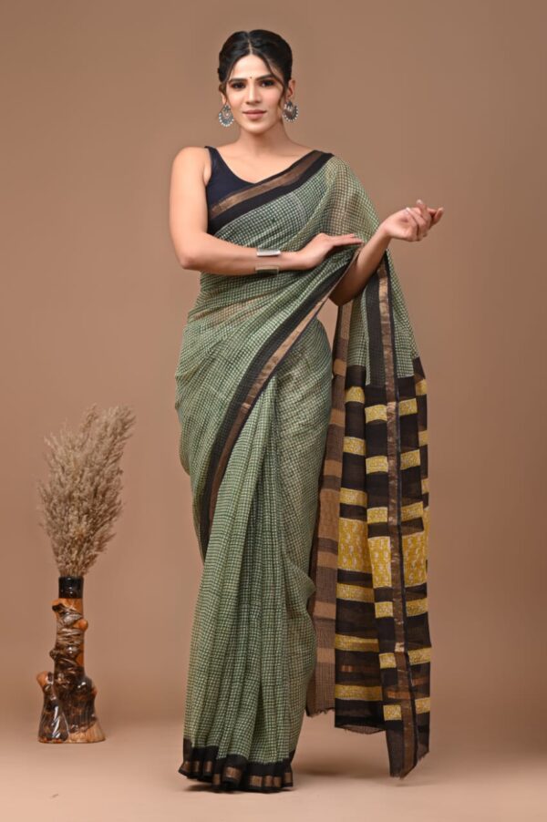 Light Grassy Green Doriya Saree with Hand Block Bagru Print