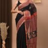 Black Red Pattern Doriya Saree with Hand Block Bagru Print