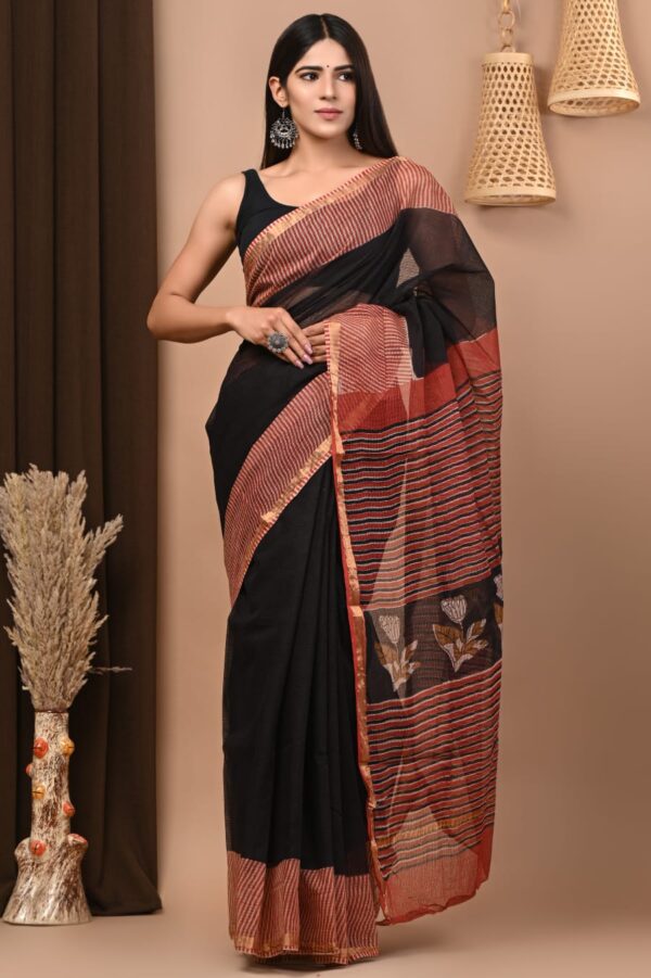 Black Red Pattern Doriya Saree with Hand Block Bagru Print