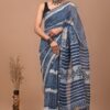 Light Blue Pattern Doriya Saree with Hand Block Bagru Print