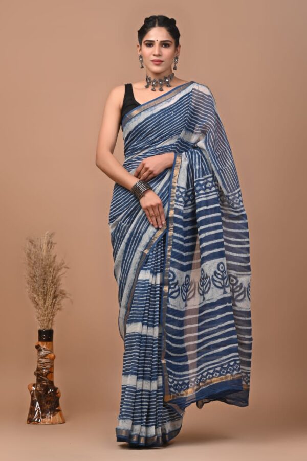 Light Blue Pattern Doriya Saree with Hand Block Bagru Print