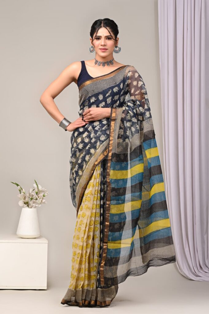 Black Yellow Pattern Doriya Saree with Hand Block Bagru Print