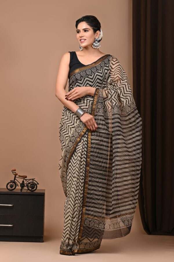 IMG-20250917-WA0022 Black Biege Pattern Doriya Saree with Hand Block Bagru Print