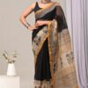 IMG-20250917-WA0023 Black Dark Biege Pattern Doriya Saree with Hand Block Bagru Print